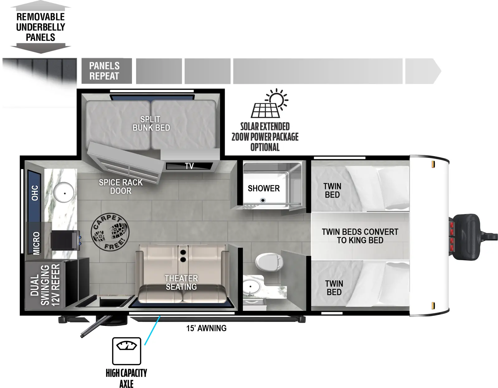 The Wildwood FSX 165RKS floorplan has one entry and one slide out. Exterior features include: fiberglass exterior and 15' awning. Interiors features include: bunk beds, rear kitchen, front bedroom and pass through bathroom.